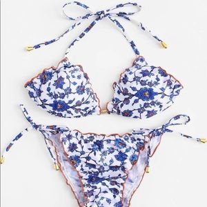 Floral Frill Trim Side Tie Halter Bikini Swimsuit